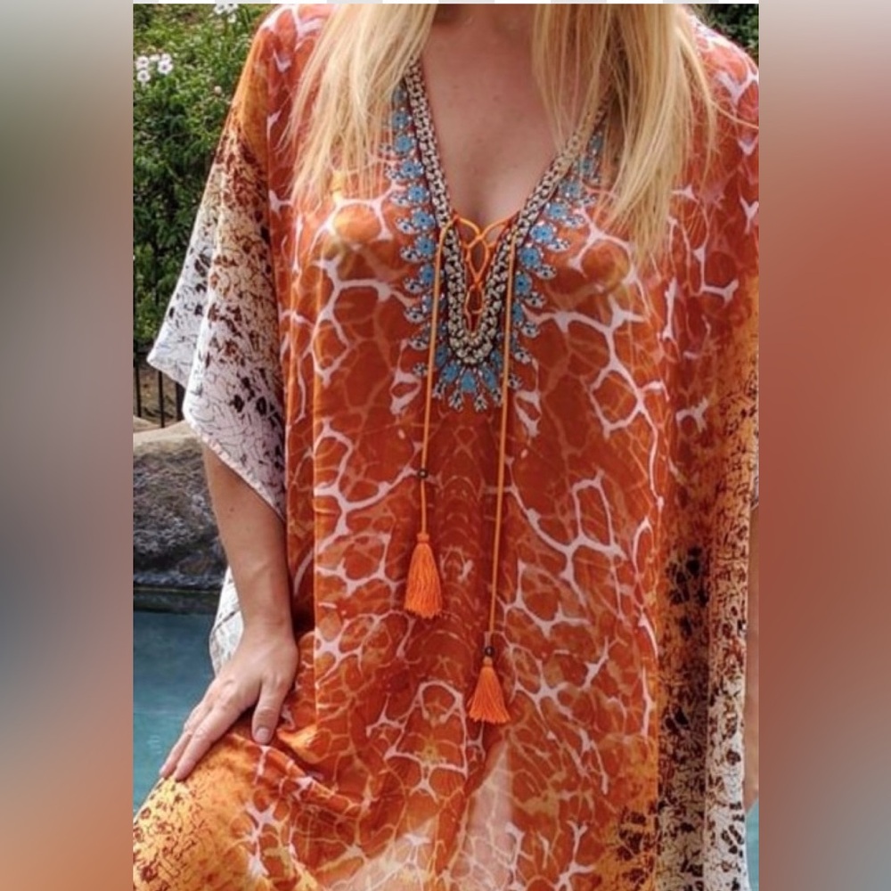 Embellished Orange & Coral Kaftan Tunic